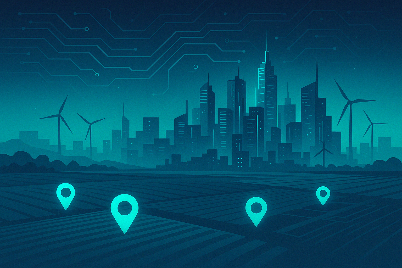A futuristic teal‑blue cityscape with wind turbines and map pins over agricultural fields, connected by glowing circuit‑like lines in the sky.