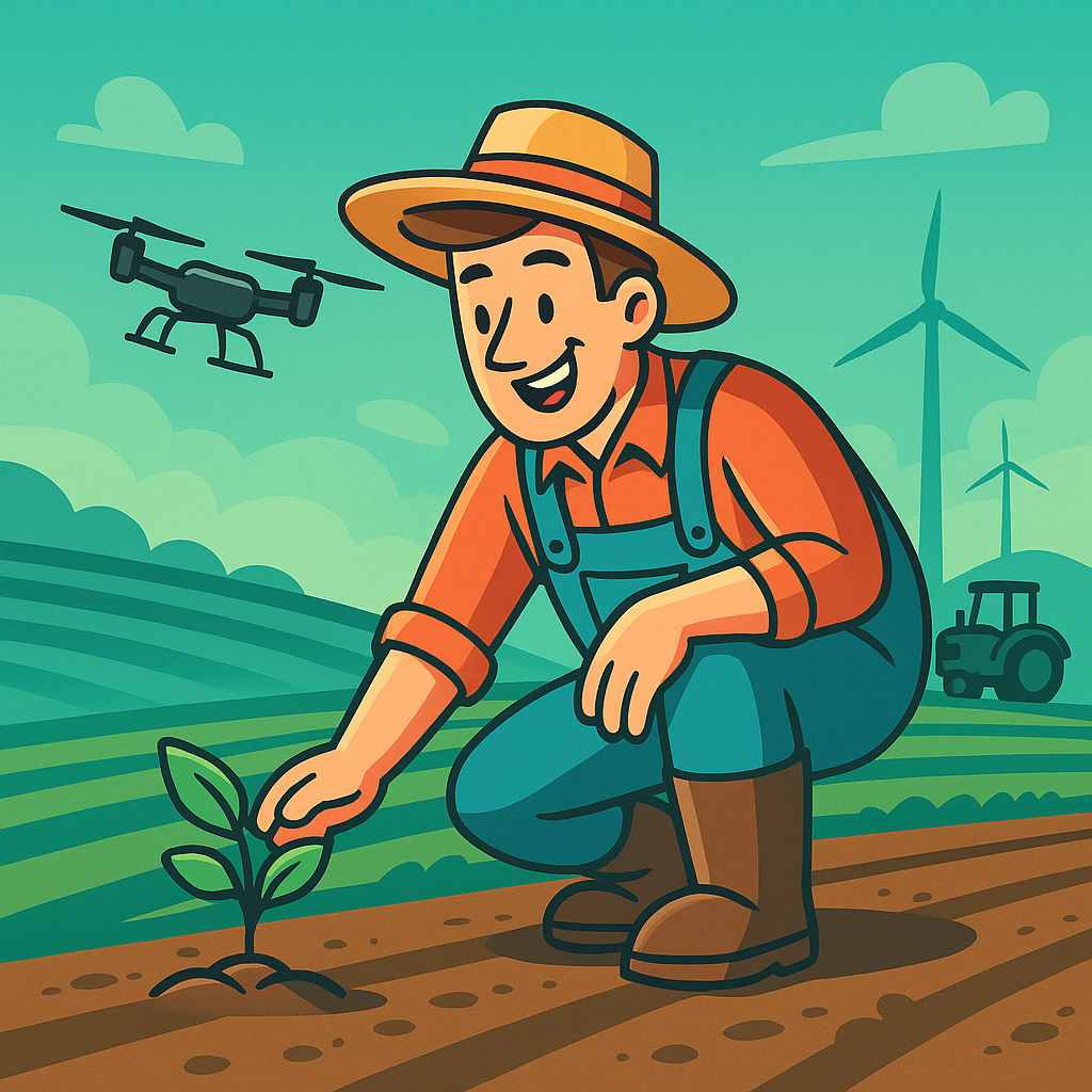 Cartoon farmer planting a crop with a drone, tractor, and wind turbines in the background, representing AgriTech innovation and smart farming