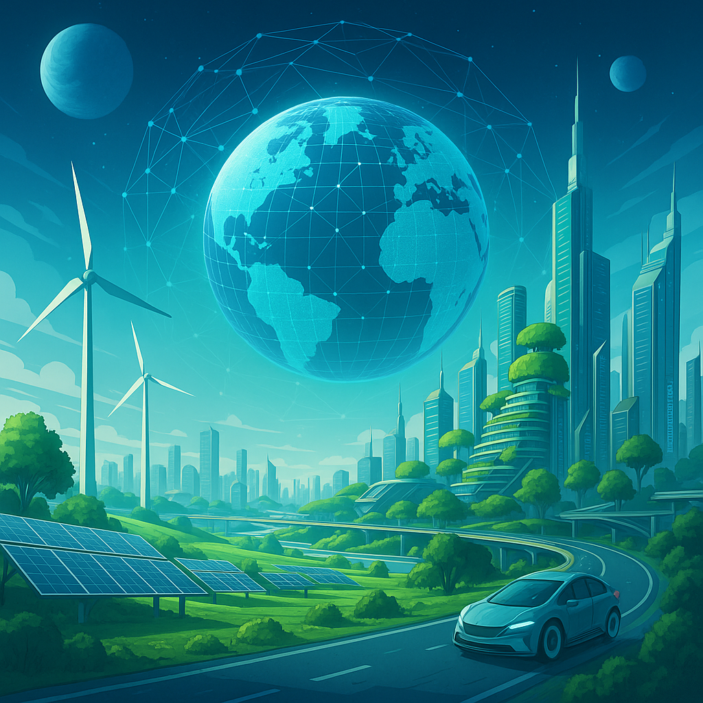 A futuristic digital illustration of a sustainable smart city powered by AI, representing the vision behind AIOEarth.com