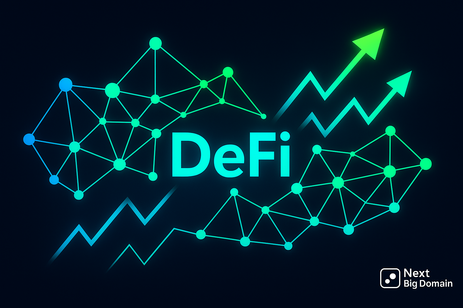 Neon blue and green blockchain network with connected nodes and upward‑trending arrows, bold “DeFi” text in center, and Next Big Domain logo in the corner.